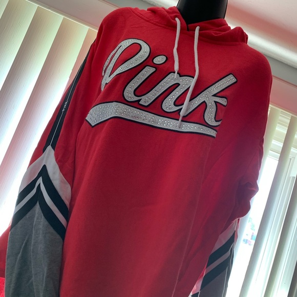 NWOT VS PINK L lightweight Red Sparkling Rhinestone BLING Hoodie - Picture 2 of 4